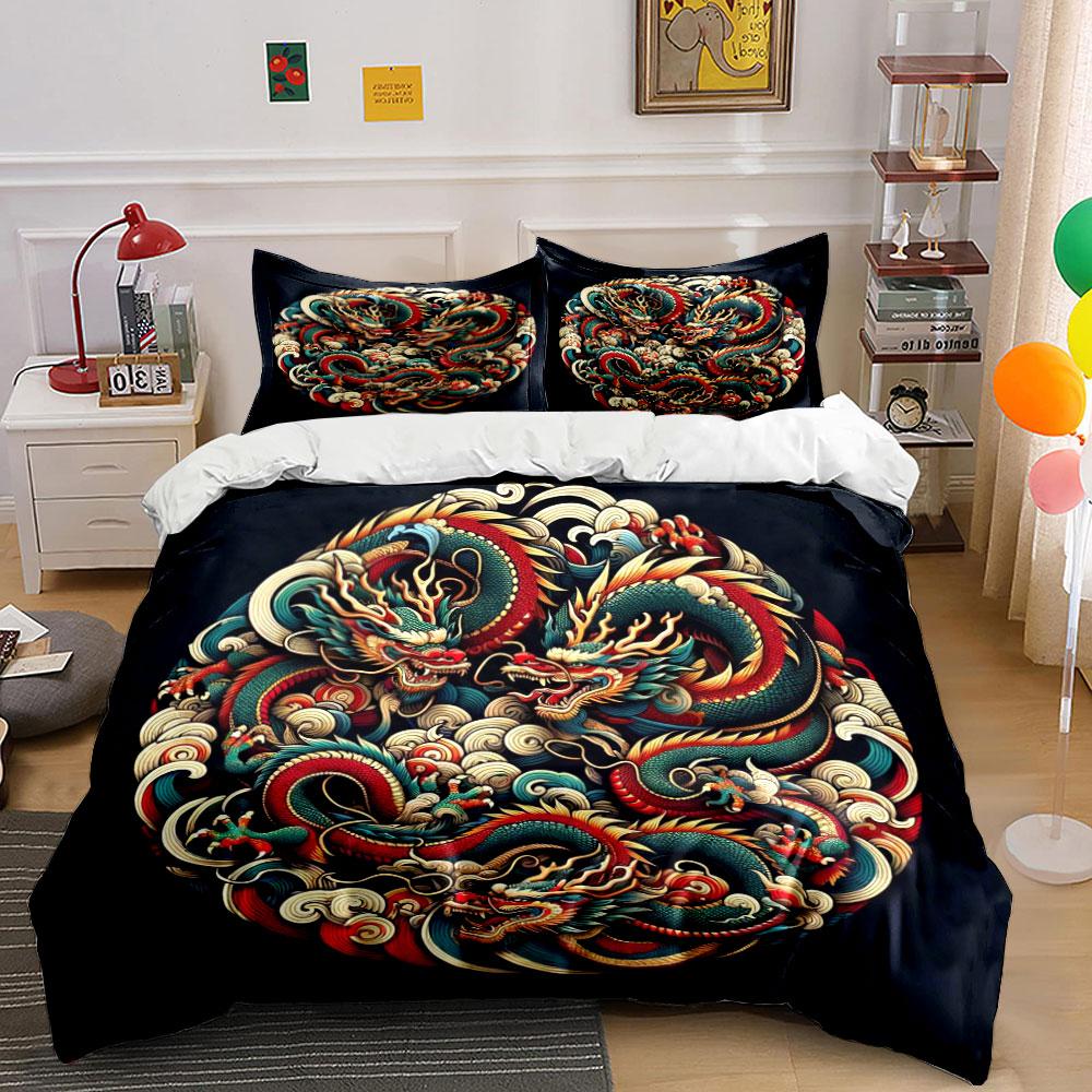 Chinese Dragon Design Set For Decoration  Kid'S And Adults' Bedroom Decor, Exquisite Three-Piece Bedding Set Gift