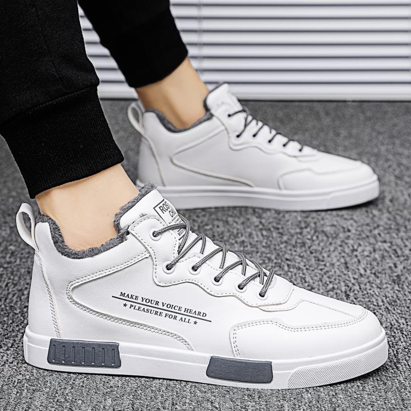 Теплые зимние трендовые мужские высокие хлопковые кроссовки для студентов, повседневная обувь для прогулок и бега, скейтборд, кожаные ботинки