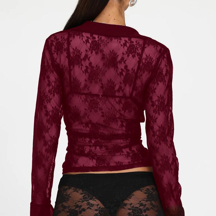 Осенний женский кардиган Y2K с длинным рукавом, сексуальный, с талией, с вырезом, кружевная рубашка, топ