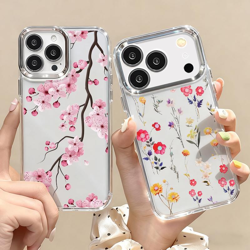 Чехол с узором 'Розовый цветущий персик' для iPhone 17 Pro Max Покрытие Рамка для камеры Прозрачный Мягкий чехол для iPhone 16 15 14 13 Pro Max 11 16E 17E