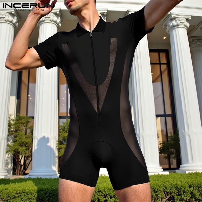 INCERUN Men Short Sleeve Mesh Sheer Patchwork Fitted Jumpsuits Romper Bodysuits Pajamas