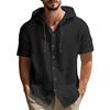 Men's Solid Color Casual Short Sleeved Shirt With Hood And Drawstring Cotton And Linen Cardigan