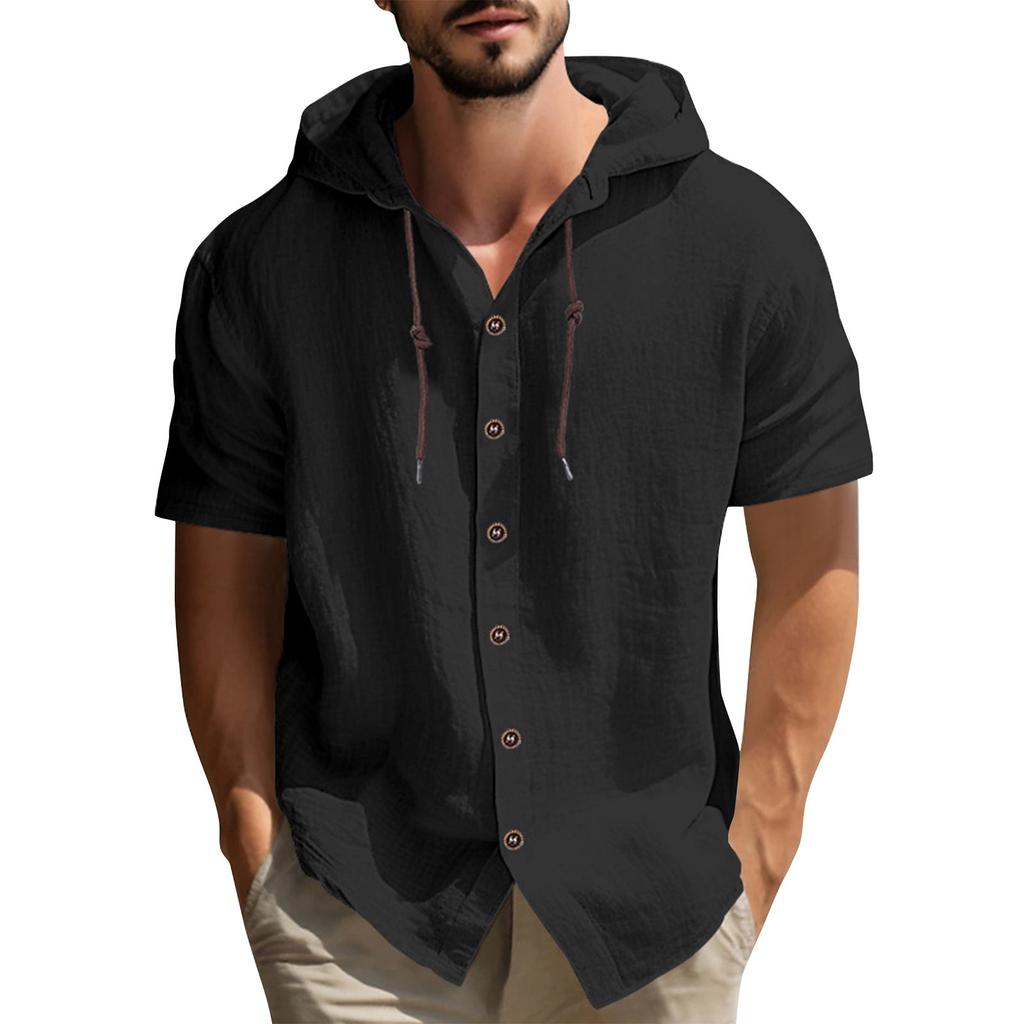 Men's Solid Color Casual Short Sleeved Shirt With Hood And Drawstring Cotton And Linen Cardigan