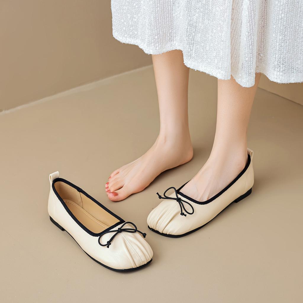 Weiwei Girl 2512-1 French Single Shoes Women's Flat Bottom One Pedal Square Head Soft Sole Shallow Mouth Bow Grandma Shoes