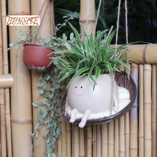 Подвесной цветочный горшок с милой улыбкой на лице, цветочный горшок из смолы для декора сада