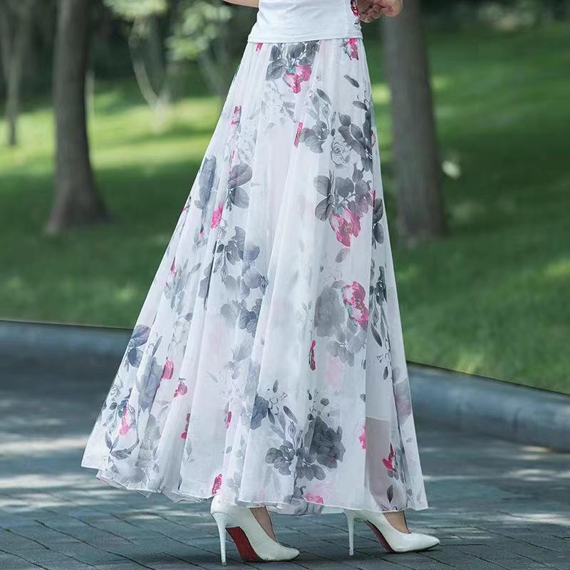 WTEMPO Эластичные большие распашные юбки с высокой талией, женские весенне-летние длинные длинные юбки трапециевидной формы с цветочным принтом, шифоновые юбки для танцев для мамы