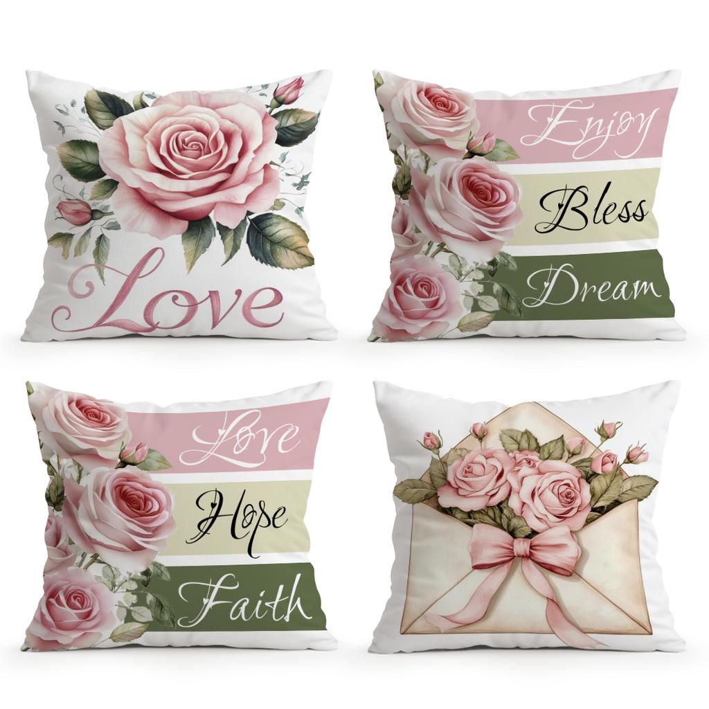 4 Pcs Rose-Themed Text Illustration Single-Sided Printed Pillowcase For Home Living Room Bedroom Car Decor