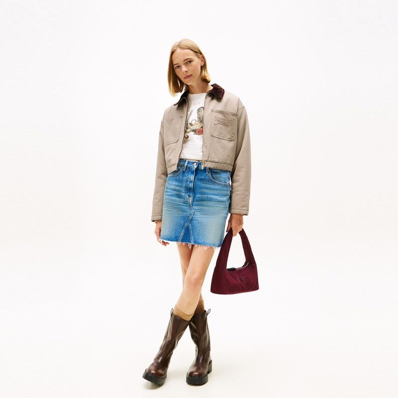 Tommy Hilfiger Американская рабочая одежда в стиле амбара Вельветовый воротник Свободная Короткая Хлопковая Куртка Женские куртки DW0DW21665