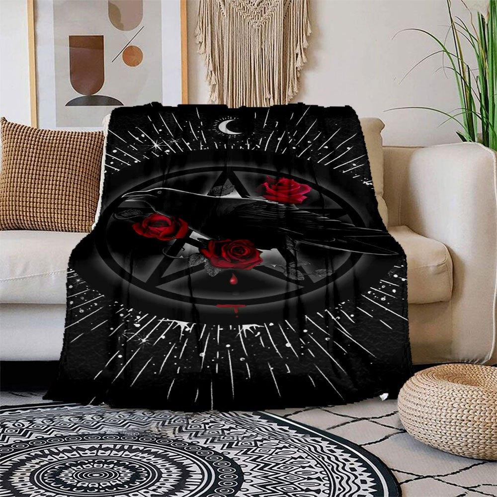 Gothic Raven & Rose Pentagram Phone WallpaperBlanket Flannel Throw Blanket for Sofa, Bed, Travel, Camping, Office, Couch, Chair, And Bed Gif