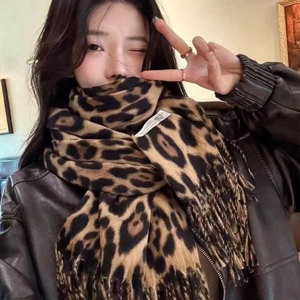 Imitation Cashmere Leopard Scarf Windproof Pashmina Shawl Vintage Style Winter Scarf Women