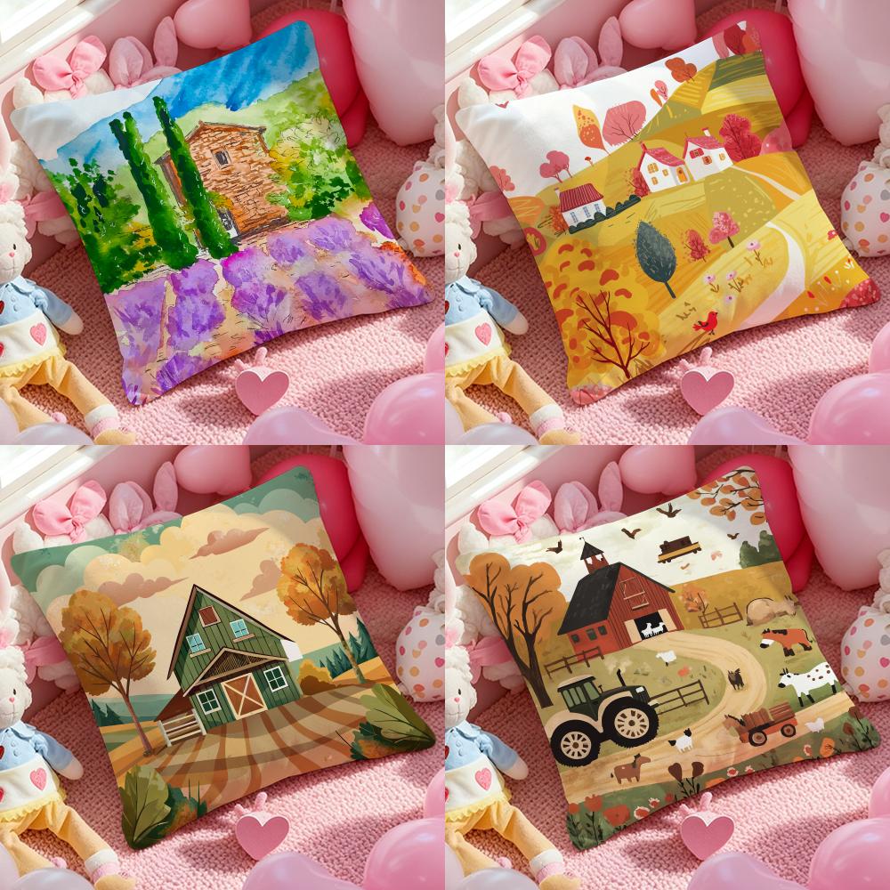 Colorful Farm Painting Pillow Case Antidustmite Pillowcase Invisible Zipper Silky Short Plush Sofa Cushion Cover