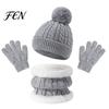 Thickened Warmth Set for Autumn Kids Winter Warm Knit Set, Bear Ear Hat, Fleece Lined Neck Gaiter & Five Finger Gloves Toddlers Full Gloves,
