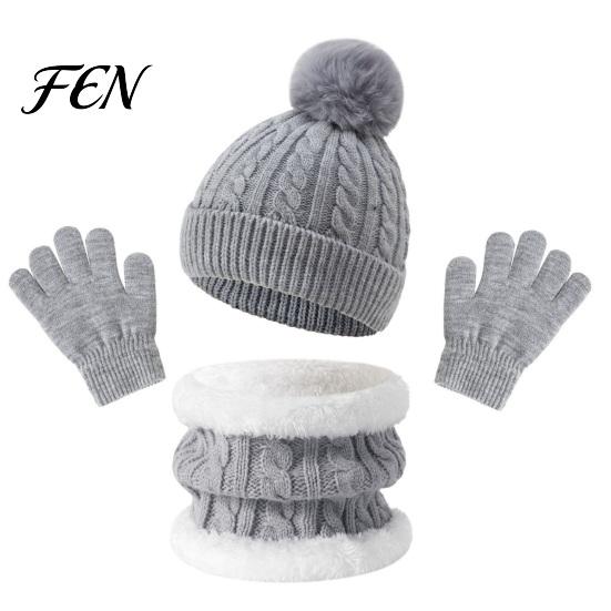 Thickened Warmth Set for Autumn Kids Winter Warm Knit Set, Bear Ear Hat, Fleece Lined Neck Gaiter & Five Finger Gloves Toddlers Full Gloves,