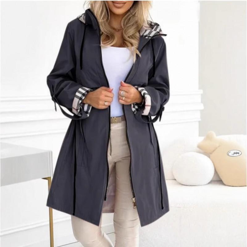 Winter Womens Plaid Print Hooded Long Trench Coat Casual Loose Fit Commute Outerwear