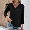 Womens 3/4 Sleeve Daily Weekend V Neck Casual Printed Tshirts Loose Fit Pleated Tees Ladies Blouse
