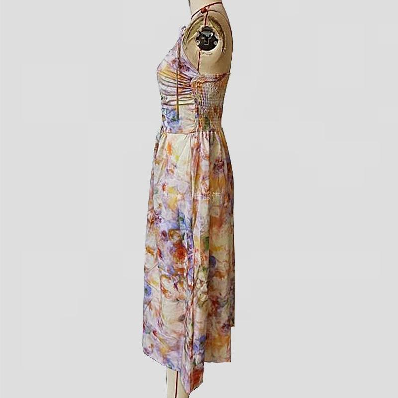 Женское летнее винтажное платье с принтом масляной живописи в праздничном стиле с лямкой на талии и лямкой на шее