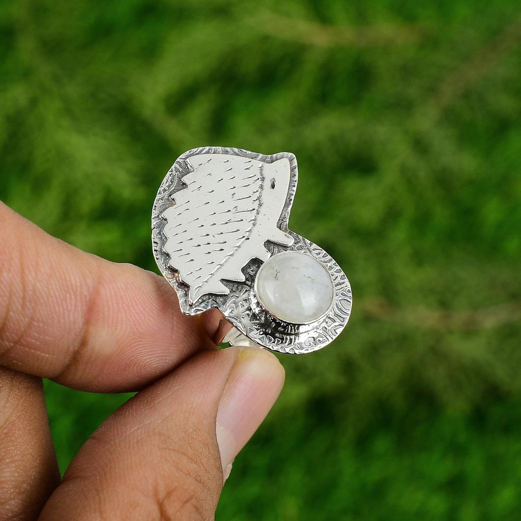 Rainbow Moonstone Stone 925 Sterling Silver Artisan Statement Crown Chakra Ring