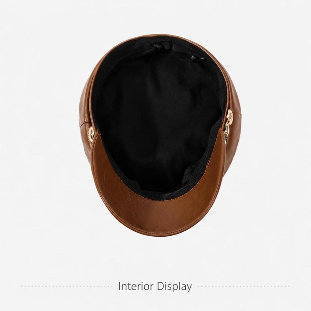 Chain Decor Baker Boy Cap PU Leather Beret Hat Stylish Flat Top Cap For Women