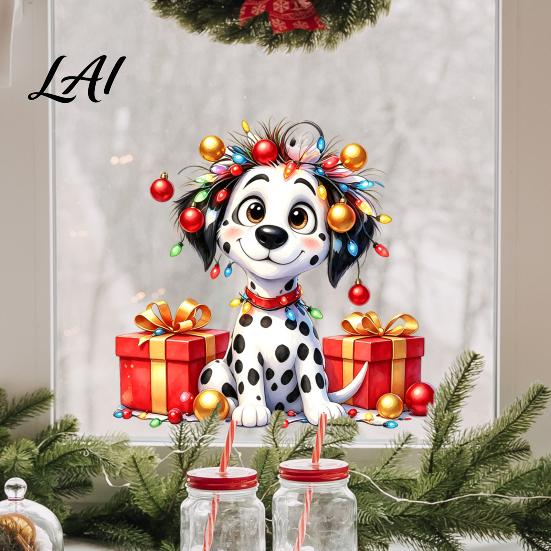 Waterproof PVC Window Decorations Christmas Spotted Puppy/Penguin Static Sticker Cute Watercolor Animal Glass Stickers with Colorful Lights