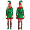 Womens Christmas Elf Costume 5 Piece Set Pompom Contrast Velvet Dress Waist Belt Hat Striped Stockings Shoes
