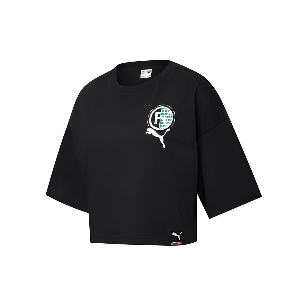 Puma Футболка с графическим логотипом Pi, повседневная, спортивная, с высокой талией, влагоотводящая, с круглым вырезом, коротким рукавом, спущенным плечом, женская, черная 532276-01