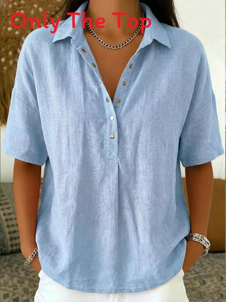 Casual Linen Shirt For Women With Turndown Collar And Short Sleeves For Summer Comfort