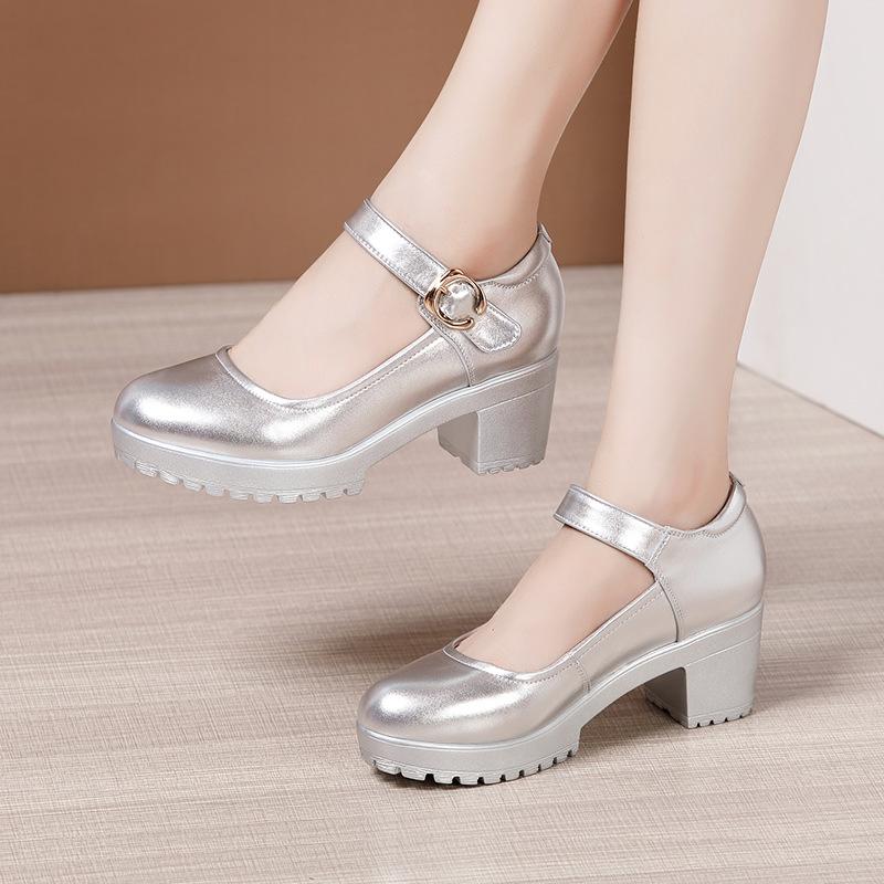 Мода Размер 32-43 Серебряные Красные Свадебные Туфли Мягкая Коровья Кожа Женские Туфли на Толстом Высоком Каблуке Массивные Туфли-Лодочки на Платформе Комфорт Женские Офисные Туфли