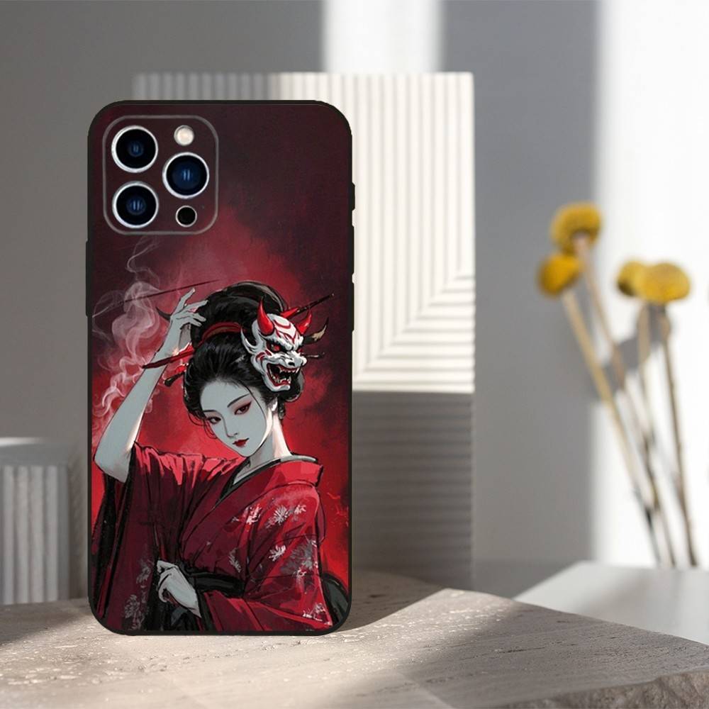 Geisha Woman Japanese For iPhone 12,16,11,14,15,17,13,X,Mini,SE,Max,8,7,XR,XS,Plus,Pro,Soft Silicone Black Case