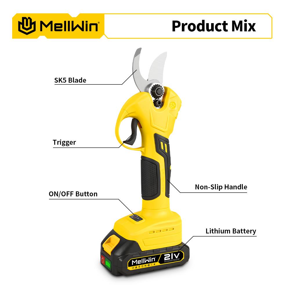 MELLWIN 30 мм Бесщеточные Электрические Секаторы Аккумуляторные Ножницы для Обрезки Ветвей Фруктовых Деревьев Садовые Ножницы Для Аккумулятора Makita 18 В Штифтовое Соединение