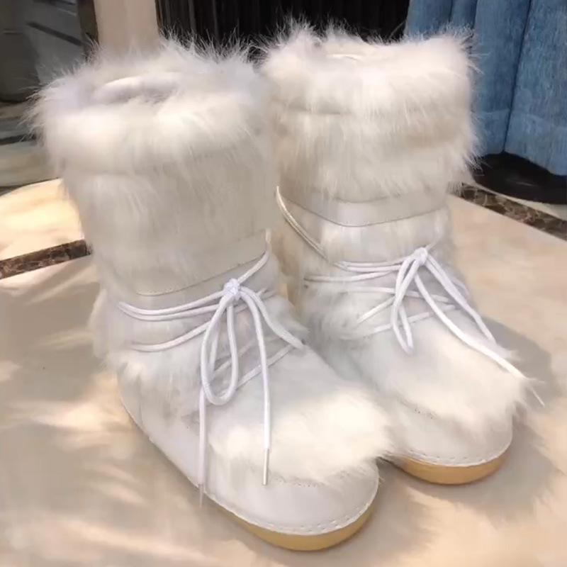 Winter Snow Boots Women Ski Boots Fluffy Hairy Lace Up Middle Calf Platform Flat With White Ski Boots