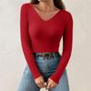 Women's Fashion V-Neck Slim Sweater Long Sleeve Pullover Solid Colour Top