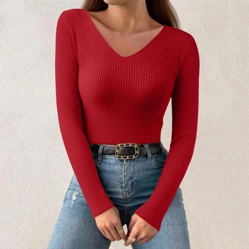 Women's Fashion V-Neck Slim Sweater Long Sleeve Pullover Solid Colour Top