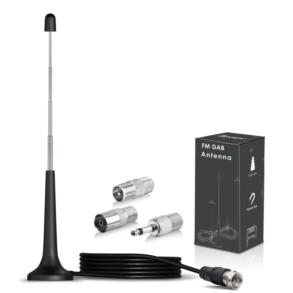 BINGFU FM Radio Antenna Stereo System Telescopic Antenna Magnetic Base and 3m Extension Cable Portable Radio Tuner Stereo Receiver AV Receiver Stereo