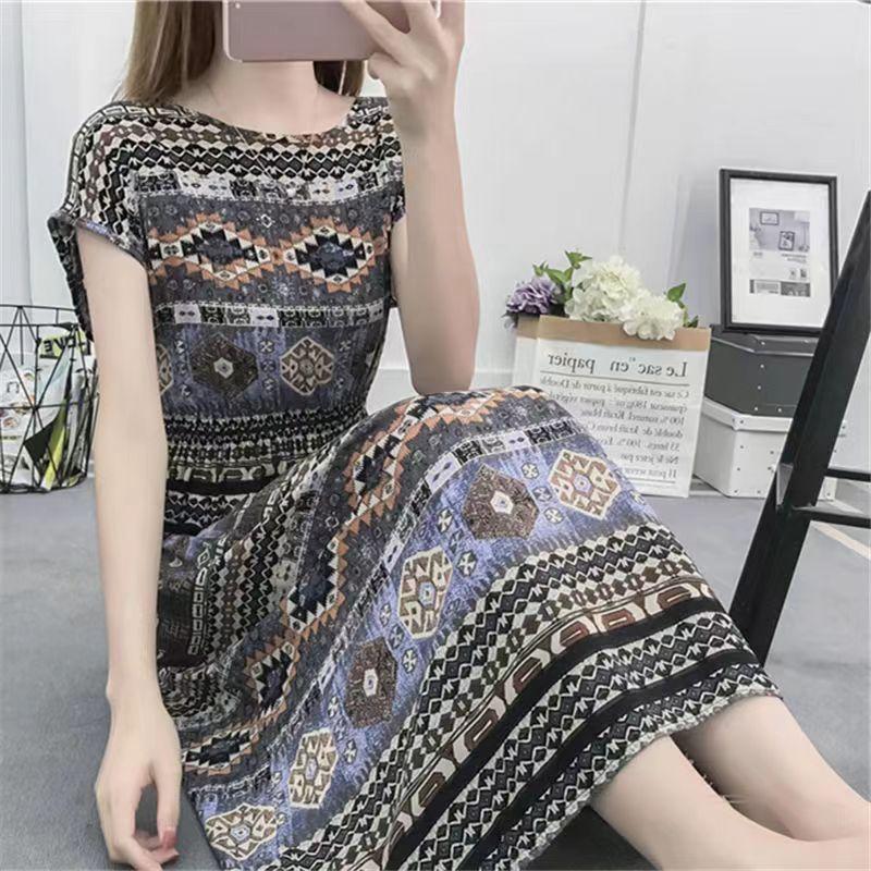 Летнее платье из хлопка и шелка в этническом стиле с цветочным принтом, модное элегантное платье больших размеров с короткими рукавами и средней длиной