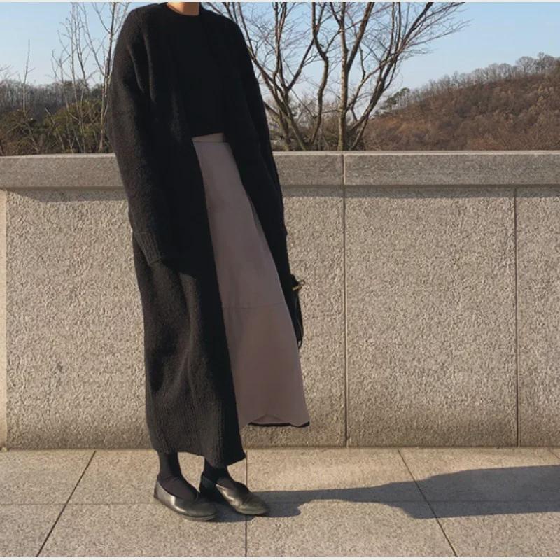 Корейский шикарный вязаный кардиган средней длины с разрезом на шнуровке - женский свитер-пальто на осень/зиму