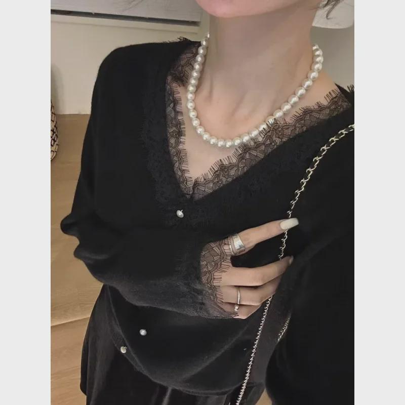 Women's V-Neck French Lace Sweater - Spring/Autumn Fashion, Loose-Fit, Long-Sleeve Top