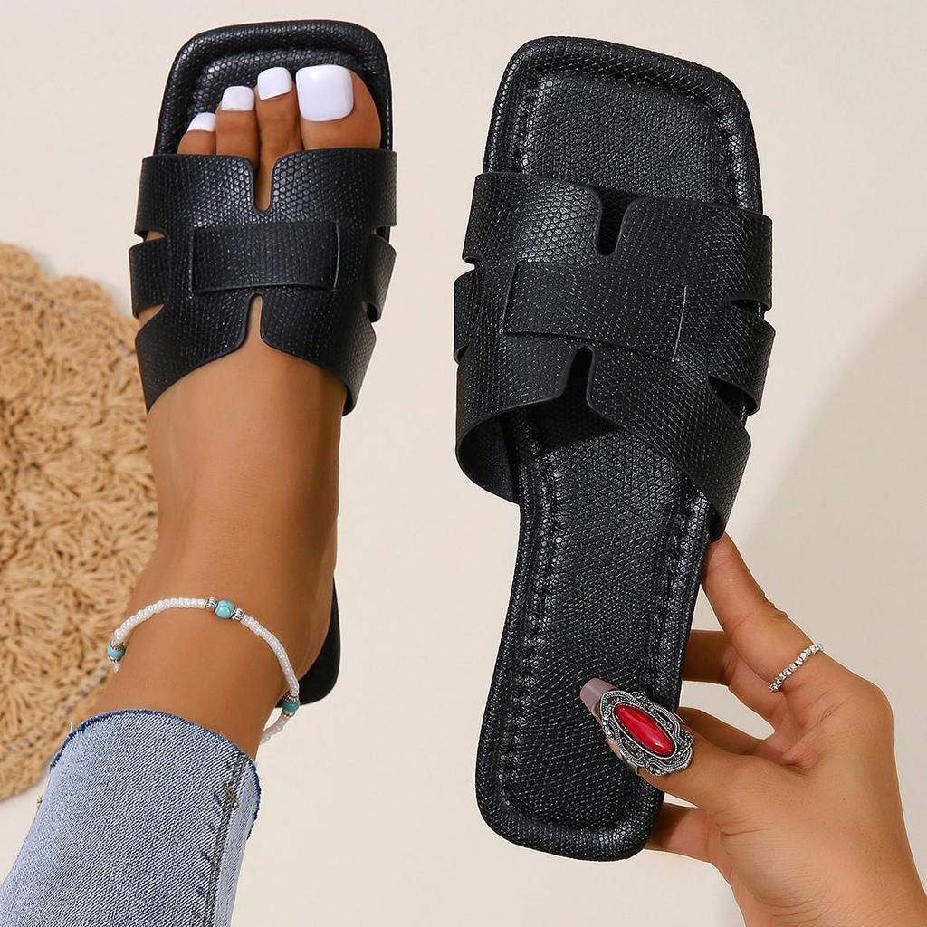 Women's Solid Color Square Head Slip-On Slippers - Breathable, Flat Design for Home, European & American Style