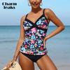 Two Pieces Tankini Set For Women Retro Vintage Flower Print V Neck High Waist Swimsuit