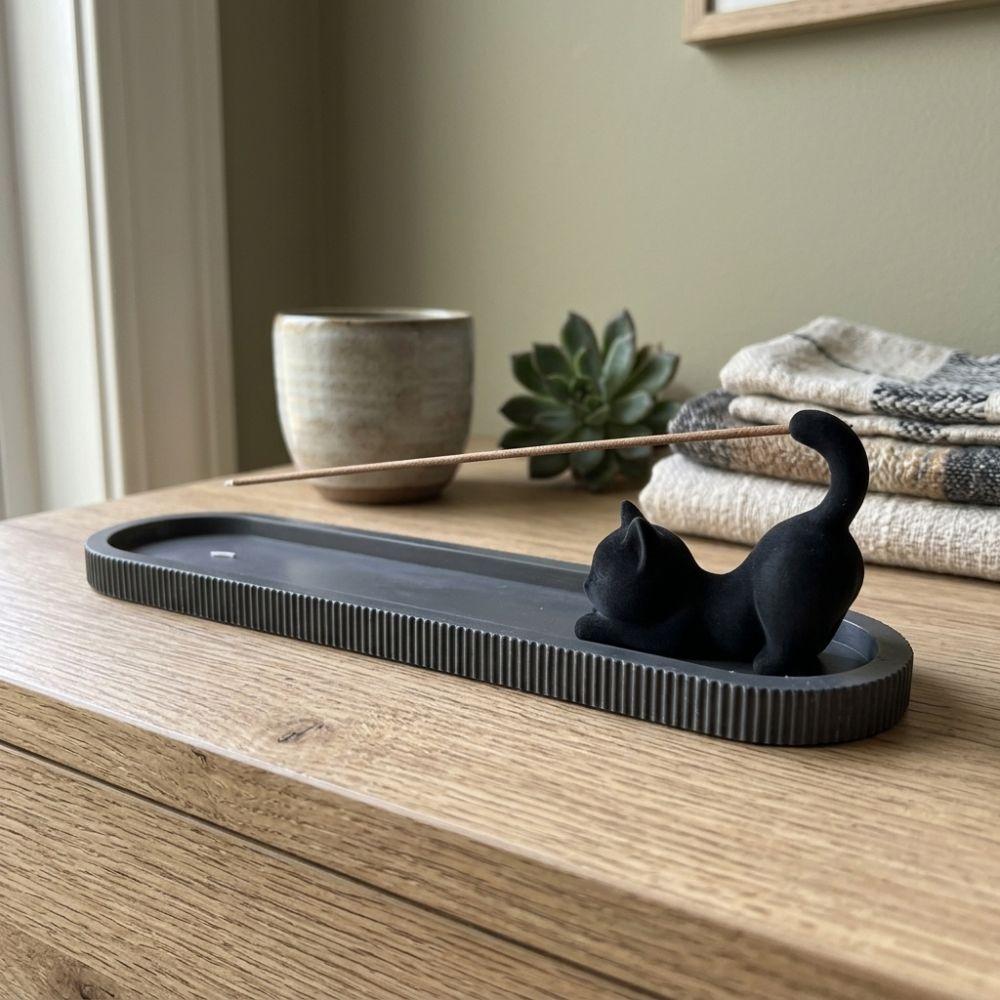 Zen Style Black Cat Incense Stick Holder Mobile Cat Incense Burner with Ash Catcher Yoga Room