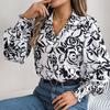 Women Shirt Lapel Lantern Long Sleeve Elastic Cuffs Casual Tops Single Breasted Flower
