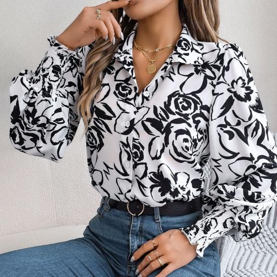 Women Shirt Lapel Lantern Long Sleeve Elastic Cuffs Casual Tops Single Breasted Flower