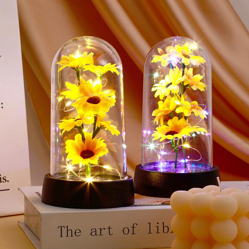 Sunflower Night Light Eternal Flower Glass Cover Lamp Shade Eternal Rose Led Light Foil Flower Creative Desktop Decor