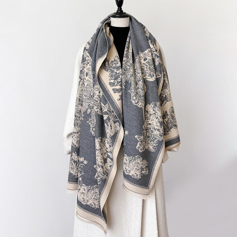 Butterfly Insect Print Style Fashionable And Elegant Women'S Imitation Cashmere Warm Scarf Large Shawl