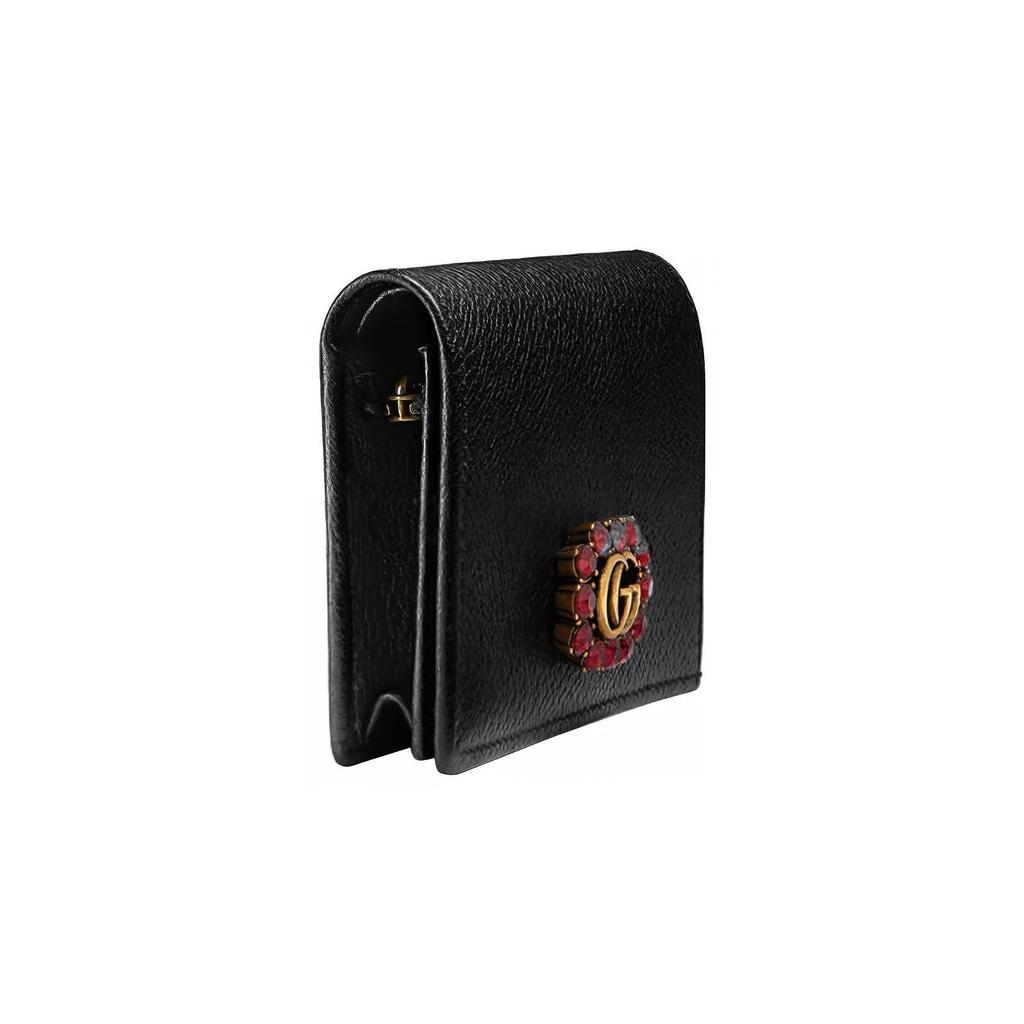 Gucci GG Marmont Потертый Логотип Double G Красный Стразы по Краю Короткий Кошелек Женский кошелек Черный 499783-CWGHT-8230