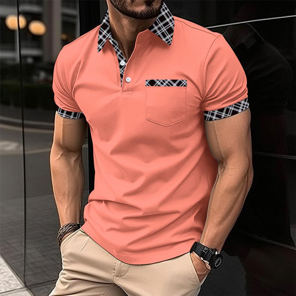 Men's Casual Polo Shirt with Chest Pocket Fashionable Color Matching Lapel Versatile T-shirt