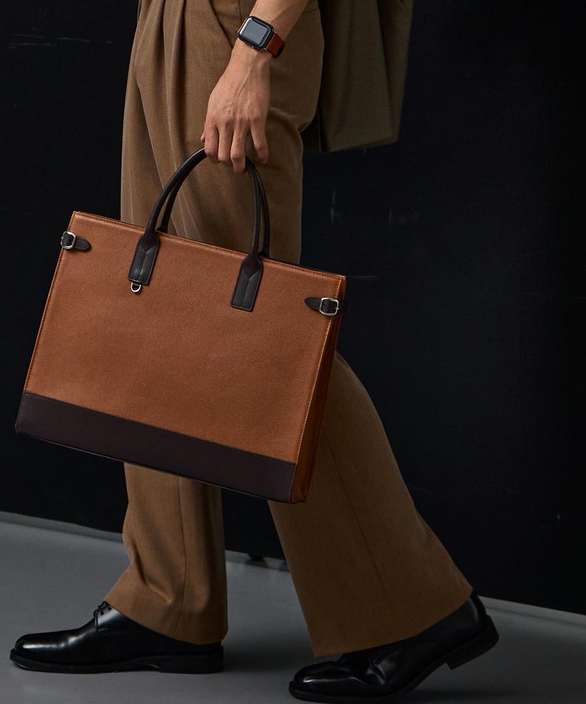 Matt Embossed Leather Men'S Slim Square Bag (Tan Brown + Dark Brown) B42971