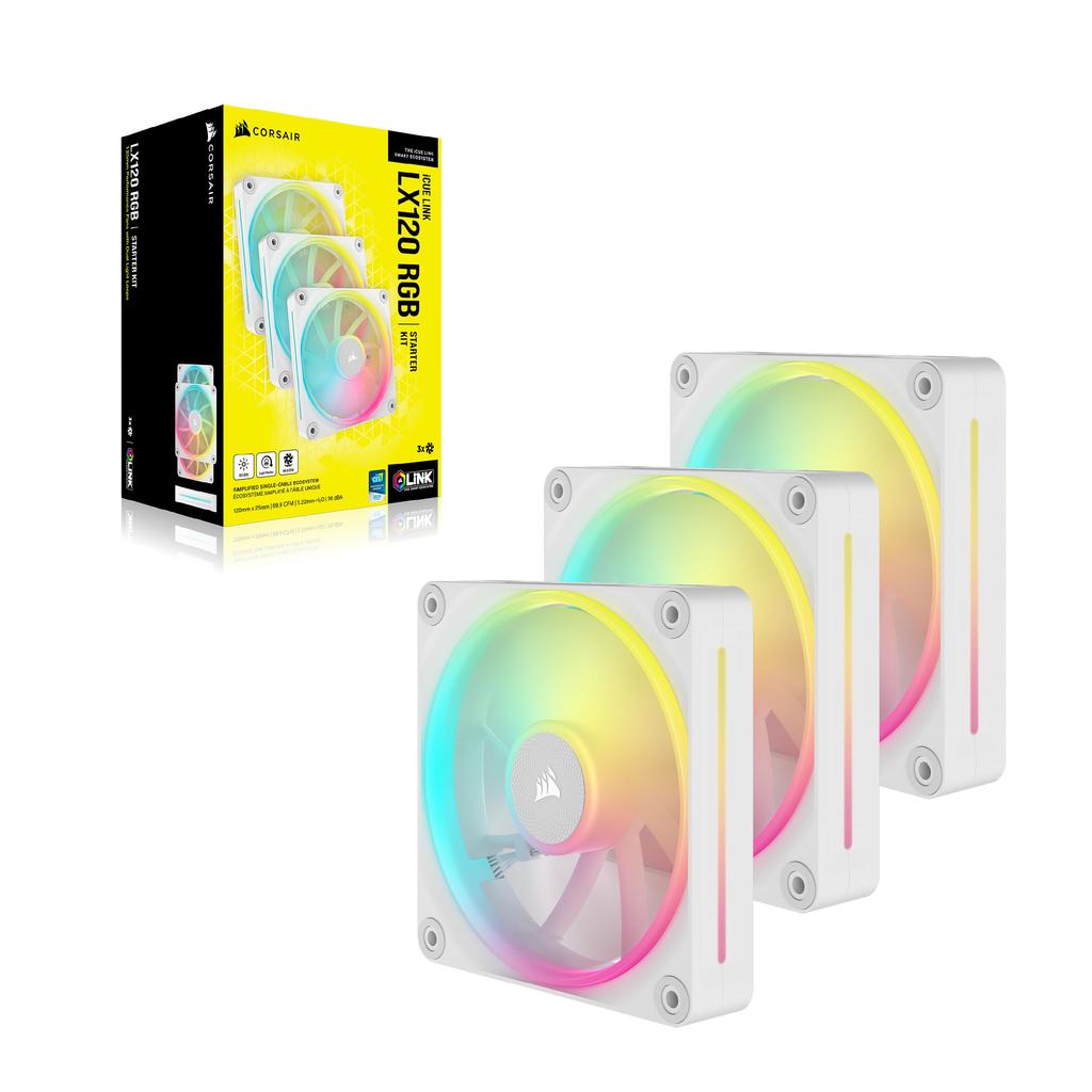 CORSAIR iCUE LINK LX120 RGB стартовый комплект 120 мм ШИМ вентилятор для корпуса ПК с двумя световыми контурами, тройной комплект, белый цвет CO-9051030-WW