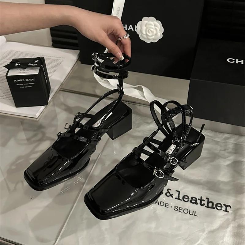 Summer Design Women Sandal Fashion Narrow Band Dress Square Heel Shoes Ladies Outdoor Patent Leather Mary Jane Shoes