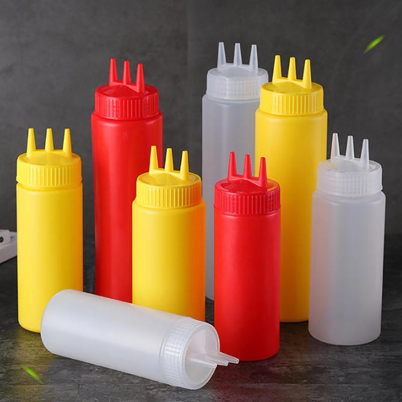 3 Holes Sauce Squeeze Sauce Bottles Condiment Dispenser With Lids Oil Bottle Kitchen Tool Seasoning Mustard Salad Storage Jar