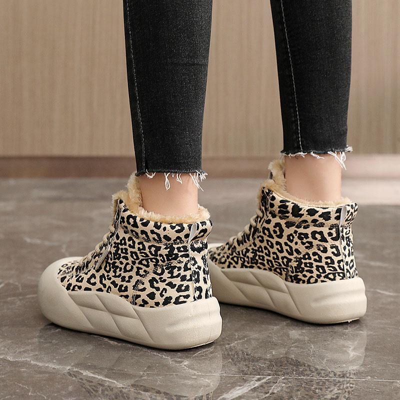 TUINANLE Winter Plush Casual Platform Shoes Woman Sneakers Slip On Shoes Women Flock Leopard Print Chunky Sneakers
